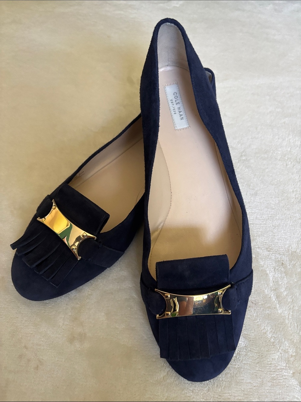 NEW COLE HAAN Margarite Kiltie Fringe Navy Suede Leather Ballet Flat Size 9.5